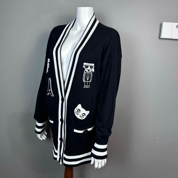 Karl Lagerfeld Varsity sweater cardigan Medium Cats Black Witchy Goth Patchwork - Picture 2 of 13
